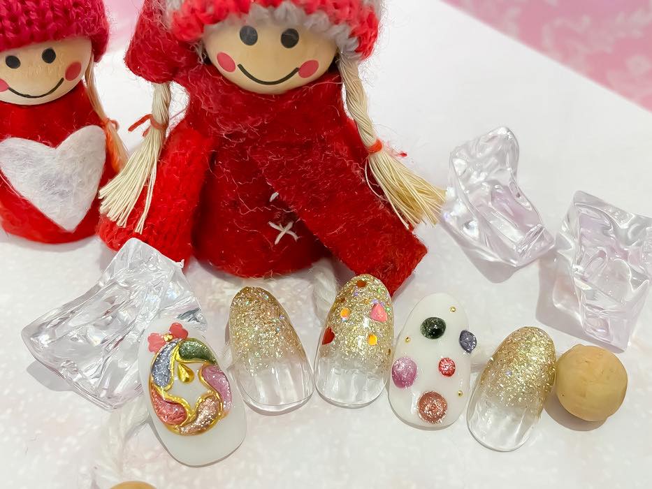 クリスマスネイル キラキラリース ゴールドグラデ